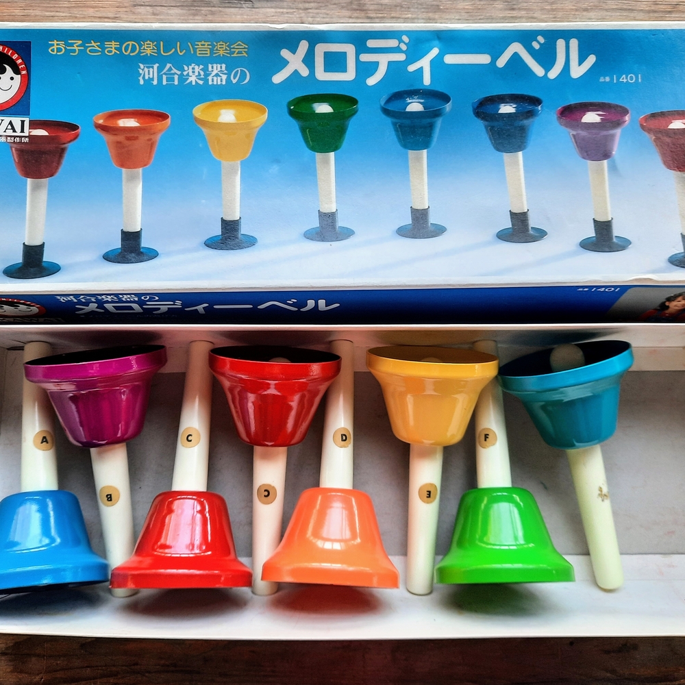Vtg Japanese Colorful Musical Hand Bells Set